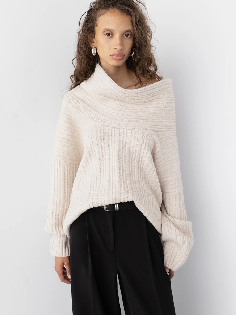 OAK + FORT Off-the-Shoulder Ribbed Sweater - Cream